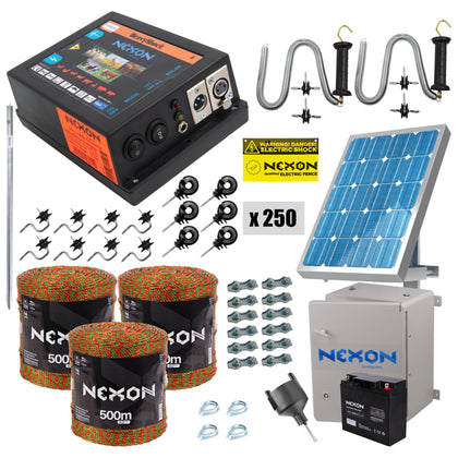 Pachet complet gard electric NEXON HeavyShock PRO 5.0 J 12V cu solar si cutie de protectie, fir ULTRA 500m 5 lite-180kg
