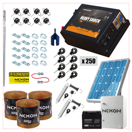 Pachet complet gard electric NEXON HeavyShock PRO 5.0 J 12V cu solar si cutie de protectie, fir ULTRA 1500m 5 lite-180kg