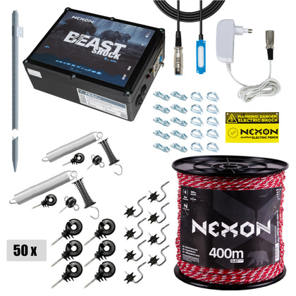 Pachet complet gard electric pentru apicultori NEXON BeastShock 8.5J 12V/230V, fir PROFESSIONAL 400m 4 lite 300kg