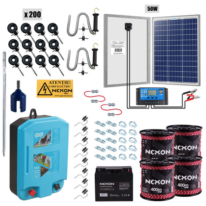 Pachet gard electric NEXON FAVORIT StrongShock 10J cu solar, baterie și 1600m fir