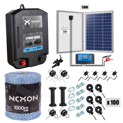 Pachet gard electric PREMIUM, NEXON StrongShock 6.6J cu Panou Solar și fir de 1000m