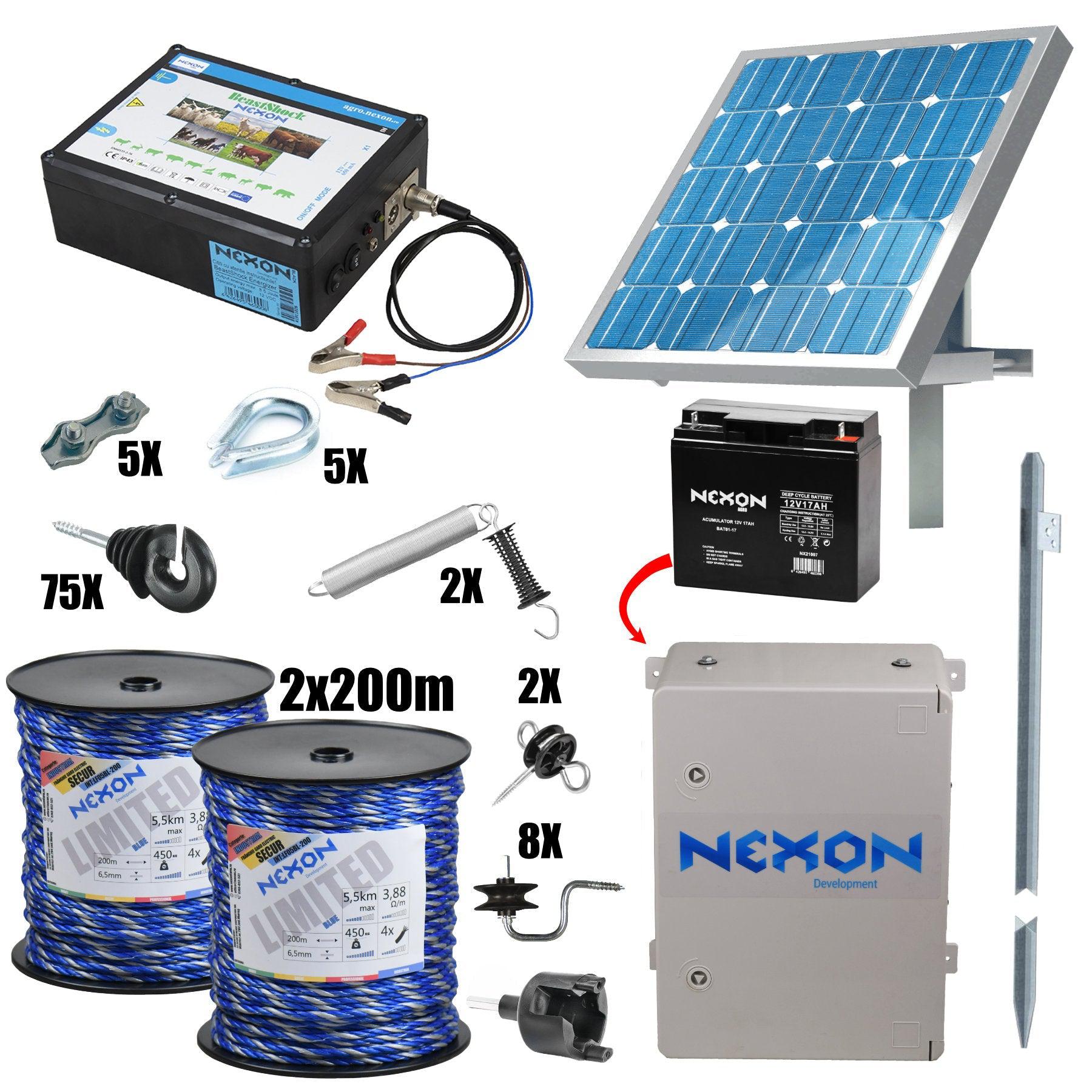 Pachet complet gard electric NEXON ULTRA BeastShock 8.5 J 12V cu solar si cutie de protectie SECURE 400m-NEXON FARM